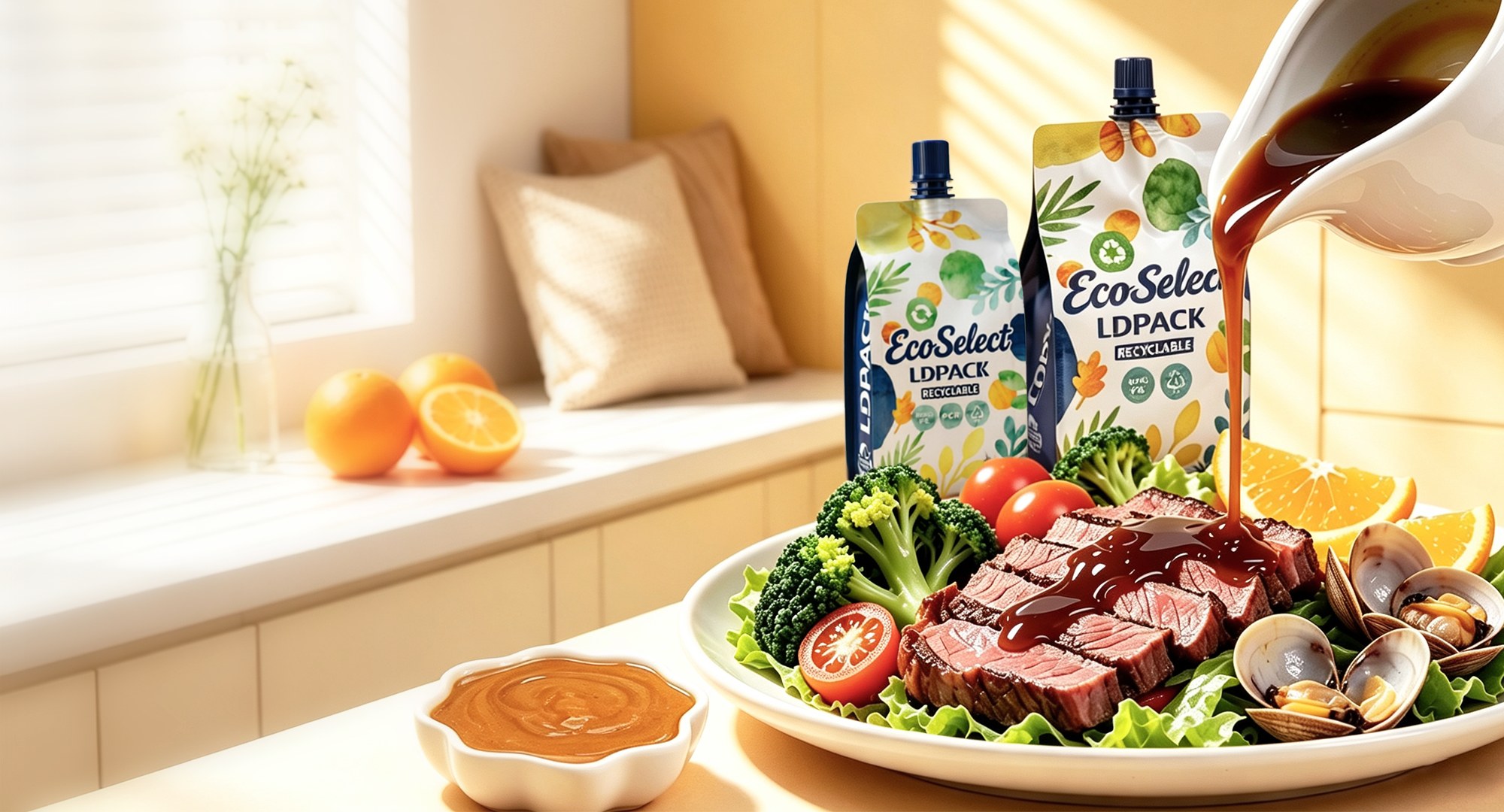 Emballage en sachet à bec verseur pour sauces et condiments