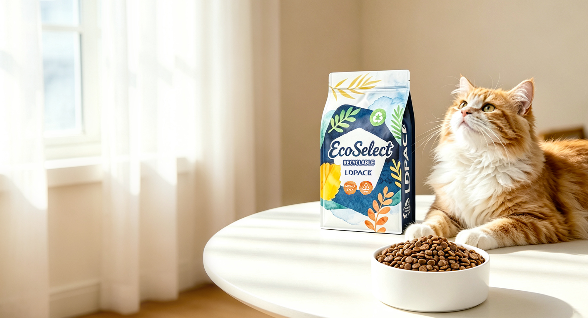 Emballages pour aliments pour animaux de compagnie à haute barrière, disponibles en tailles, formes et formats flexibles.